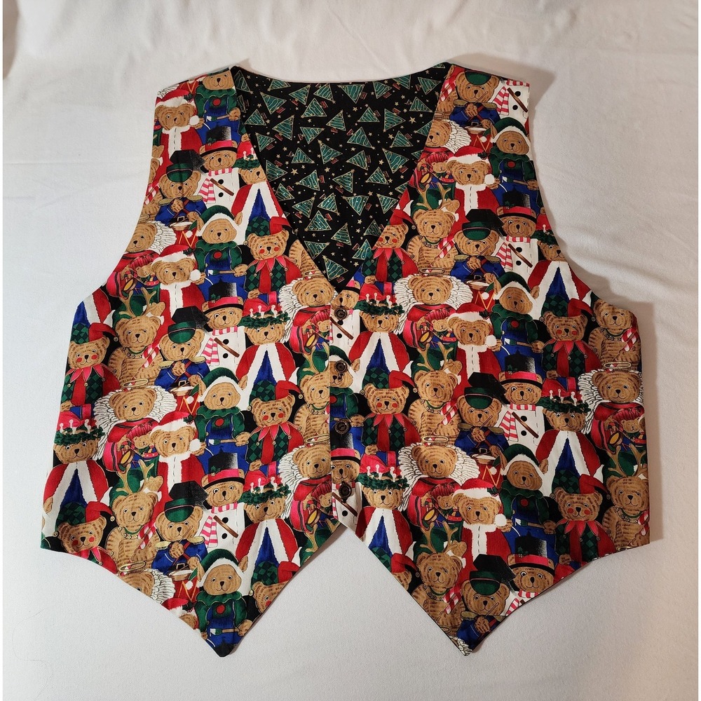Handmade Christmas Vest Reversible Plus Size Unisex Bears Trees Women's Ugly